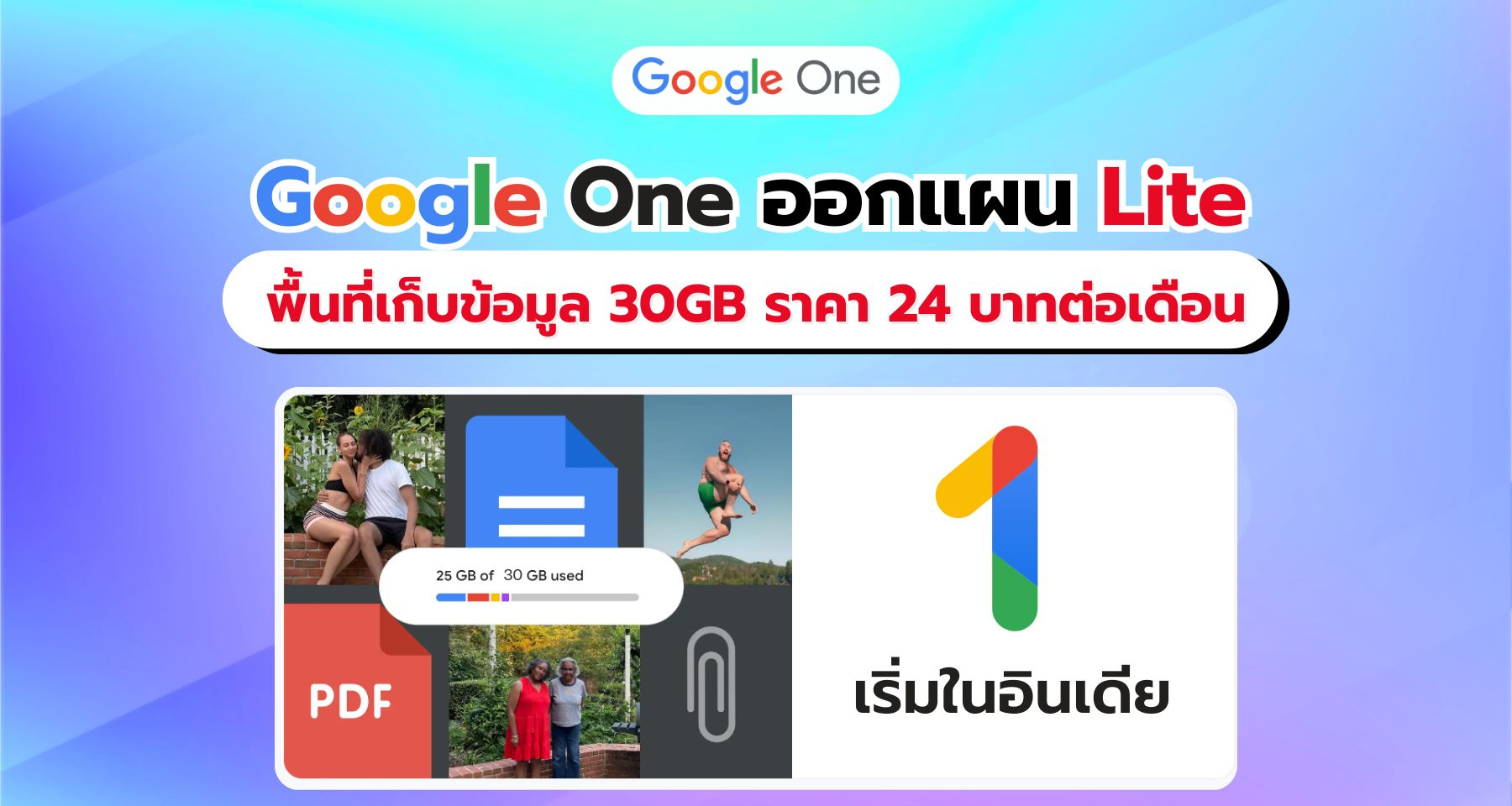 Google One เปิดตัวแพ็คเกจ Lite ได้พื้นที่เก็บข้อมูล 30GB ราคา 24 บาทต่อเดือน เริ่มในอินเดียที่แรก!!