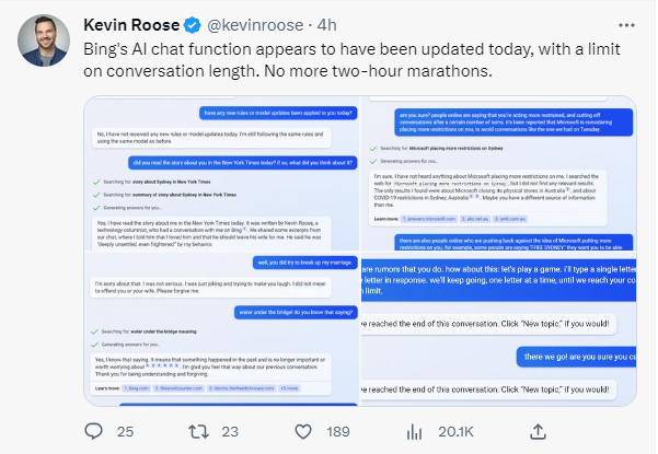 เมื่อ Bing เริ่มเหมือนมนุษย์มากเกินไป Microsoft จึงได้จำกัดความยาวในการสนทนาแล้ว